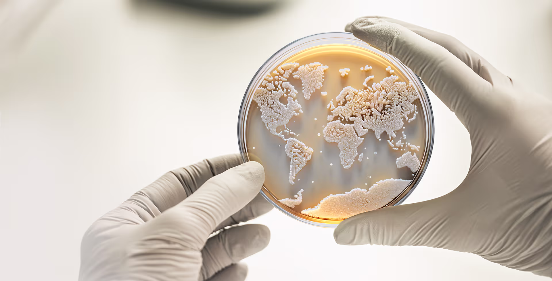 Petri dish with colonies in the shape of the world map